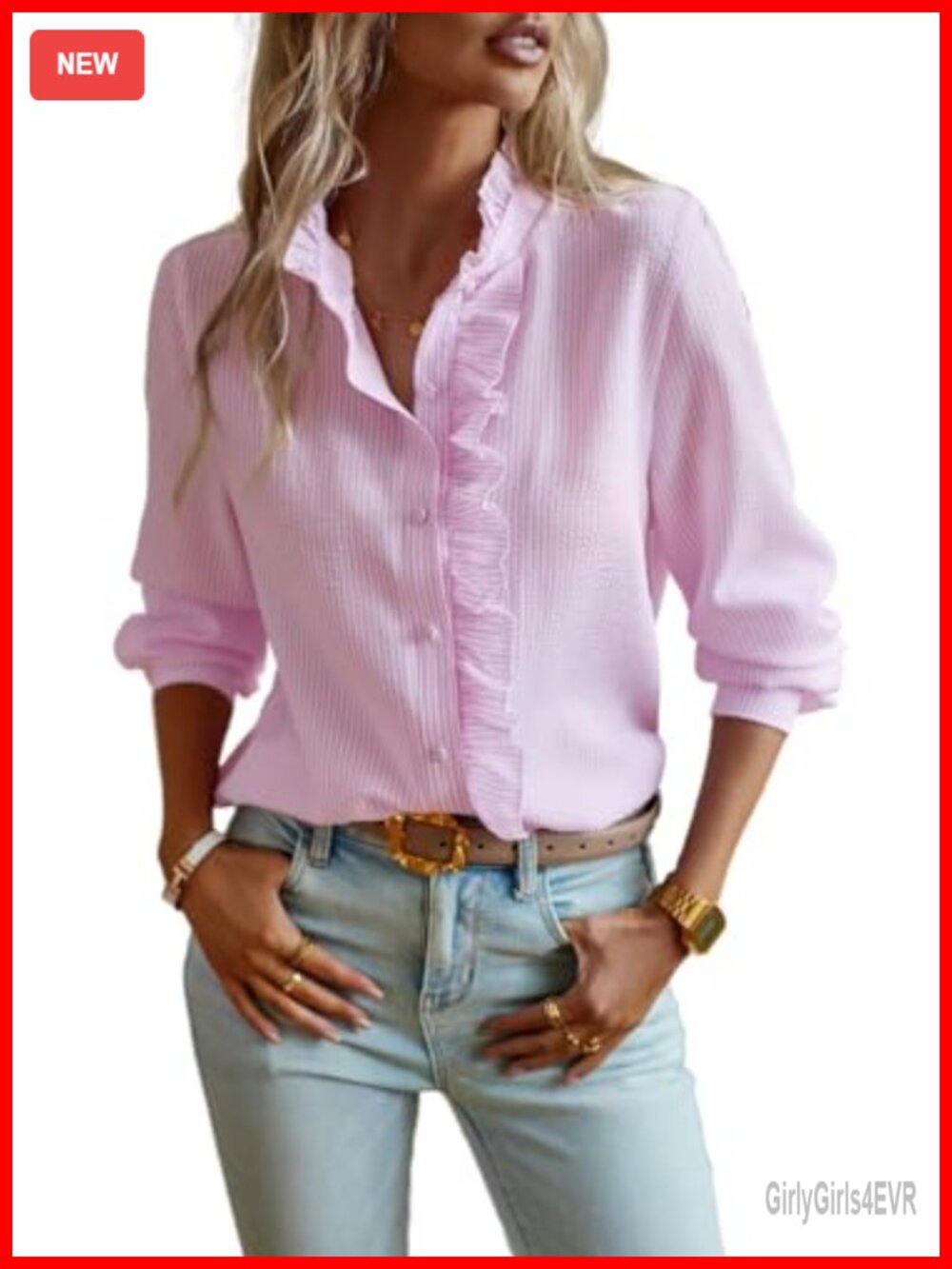 Womens Ruffle Trim Button Up Long Sleeve Blouse Work Shirt